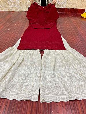 Chikankari Short Kurti Sharara Set Catalogue 1-Maroon Chikankari Short Kurti Sharara Set Catalogue 1-Maroon