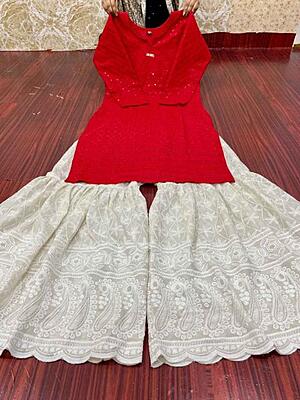 Chikankari Short Kurti Sharara Set Catalogue 1-Red Chikankari Short Kurti Sharara Set Catalogue 1-Red