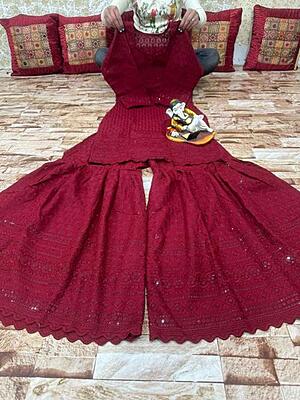 Chikankari Short Kurti Sharara Set Catalogue 2-Maroon Chikankari Short Kurti Sharara Set Catalogue 2-Maroon
