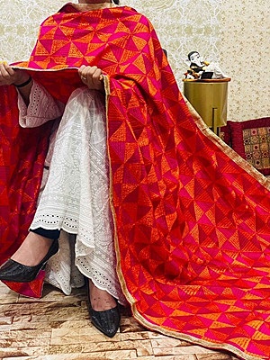 Chinon Single Tone Shaded Jaal Phulkari Dupatta - 10