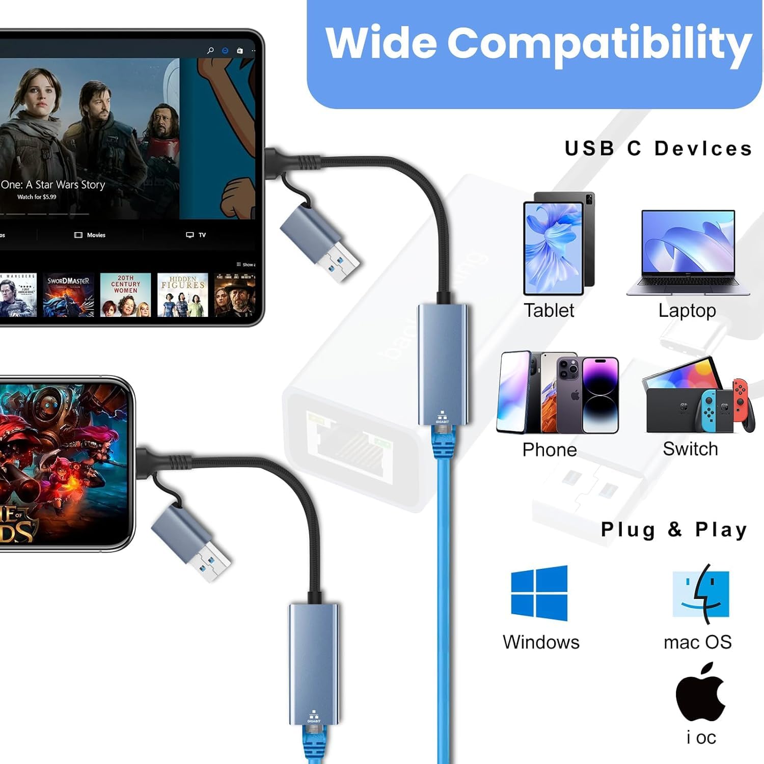 Ethernet Adapter USB 3.0 + Type-C to RJ45 I 100/1000 MBPS Network LAN Speed I for Laptop, Desktop, Gaming Console,Chromebook and MacBook I Fully Metal Body Ethernet Adapter USB 3.0 + Type-C to RJ45 I 100/1000 MBPS Network LAN Speed I for Laptop, Desktop, Gaming Console,Chromebook and MacBook I Fully Metal Body