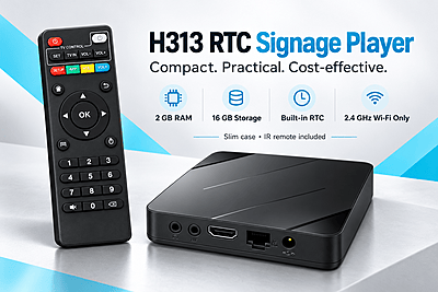 H313 RTC 2GB/16GB Android 10 Signage Media Player – Slim Case, IR Remote, 2.4G Wi-Fi, OEM Boot Logo H313 RTC 2GB/16GB Android 10 Signage Media Player – Slim Case, IR Remote, 2.4G Wi-Fi, OEM Boot Logo