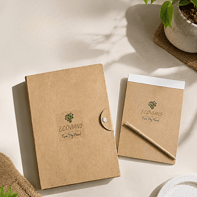 Conference event kit with folder notepad and kraft seed pen