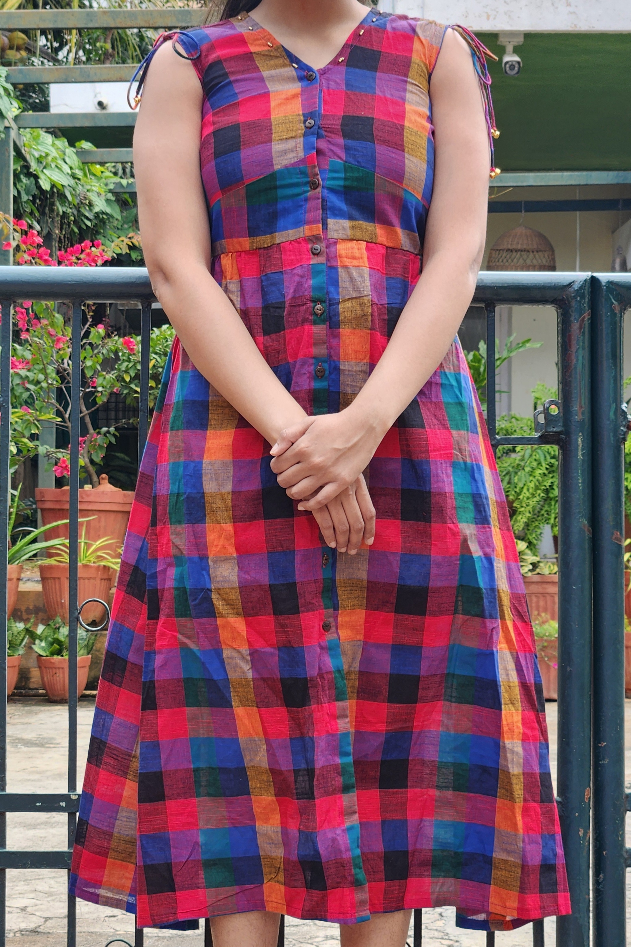 Shanthi's Easy Fit & Flare Sleeve-Less Dress in Madras Checks - Black Hues