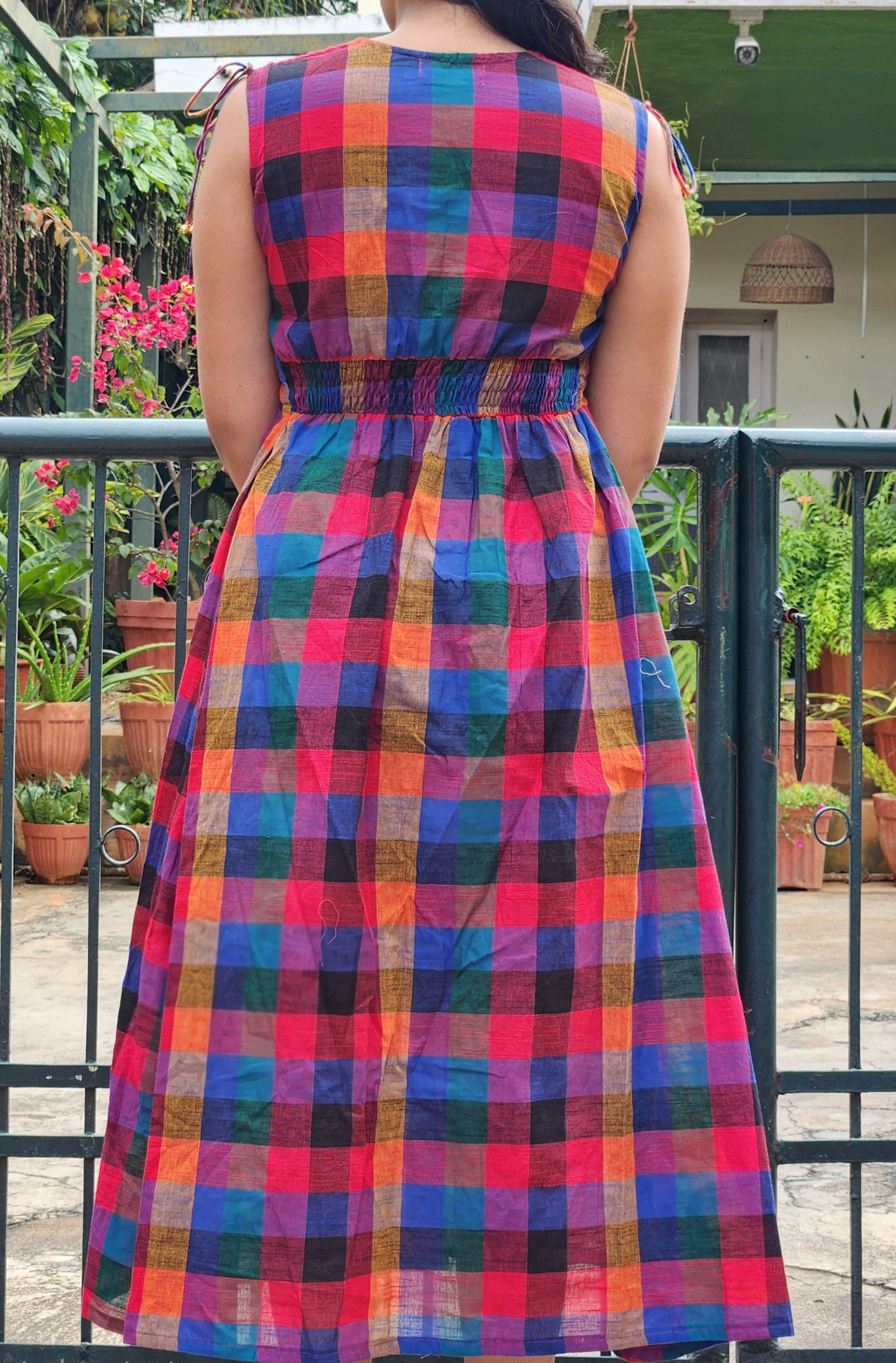 Shanthi's Easy Fit & Flare Sleeve-Less Dress in Madras Checks - Black Hues