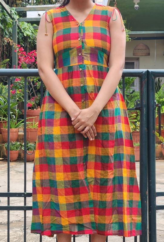 Shanthi's  Easy Fit & Flare Sleeve-Less Dress in Madras Checks - Green Hues