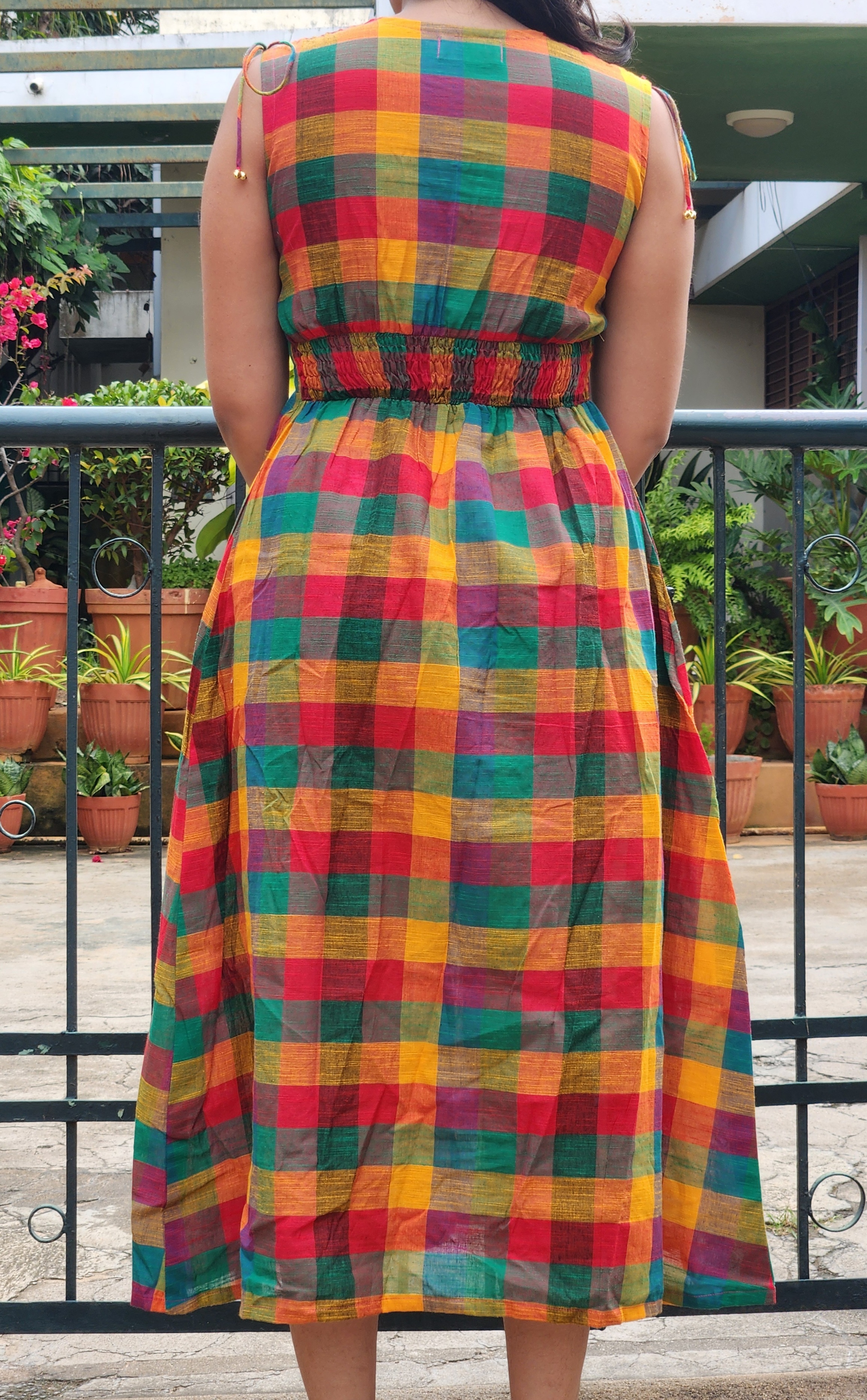 Shanthi's Easy Fit & Flare Sleeve-Less Dress in Madras Checks - Green Hues