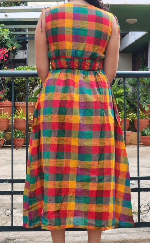 Shanthi's  Easy Fit & Flare Sleeve-Less Dress in Madras Checks - Green Hues