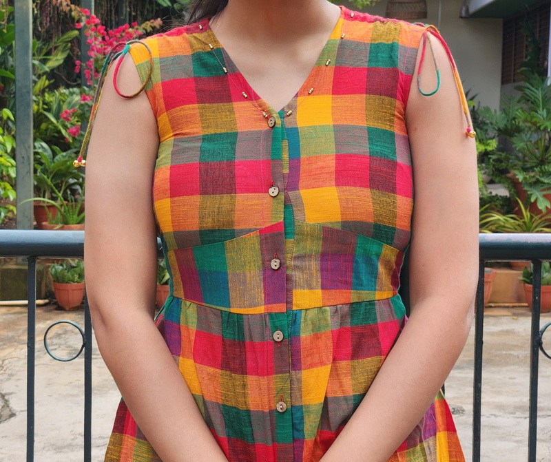 Shanthi's  Easy Fit & Flare Sleeve-Less Dress in Madras Checks - Green Hues