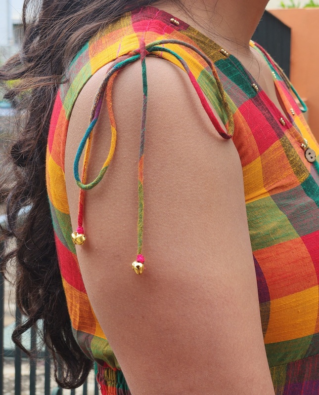 Shanthi's  Easy Fit & Flare Sleeve-Less Dress in Madras Checks - Green Hues