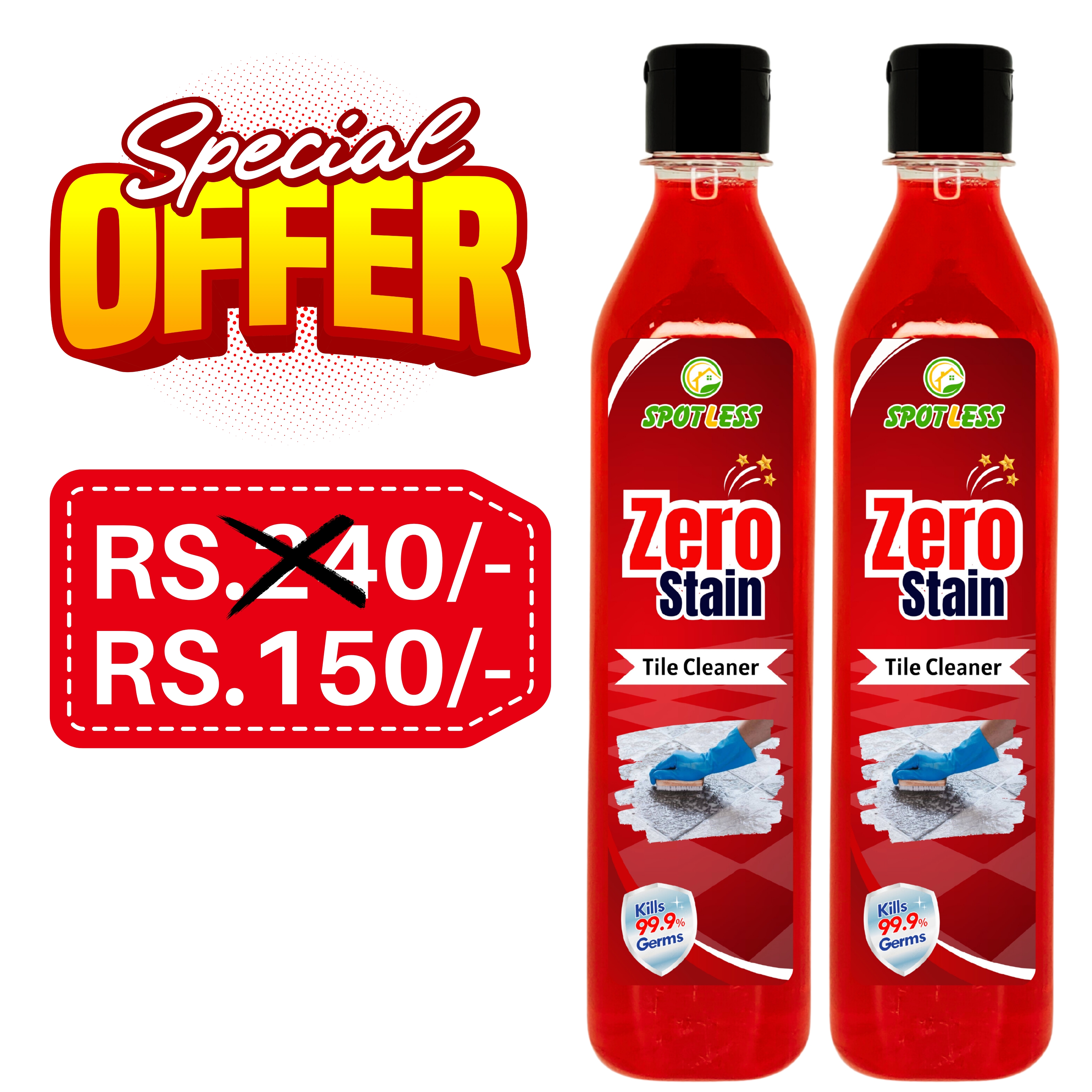 Spotless Zero Stain 500ml (Combo Pack of 2) Salt stain remover for all purposes Advance Tile Cleaner for Kitchen, Bedroom & Bathroom Floors, Removes Grease, Dirt & Tough Stains