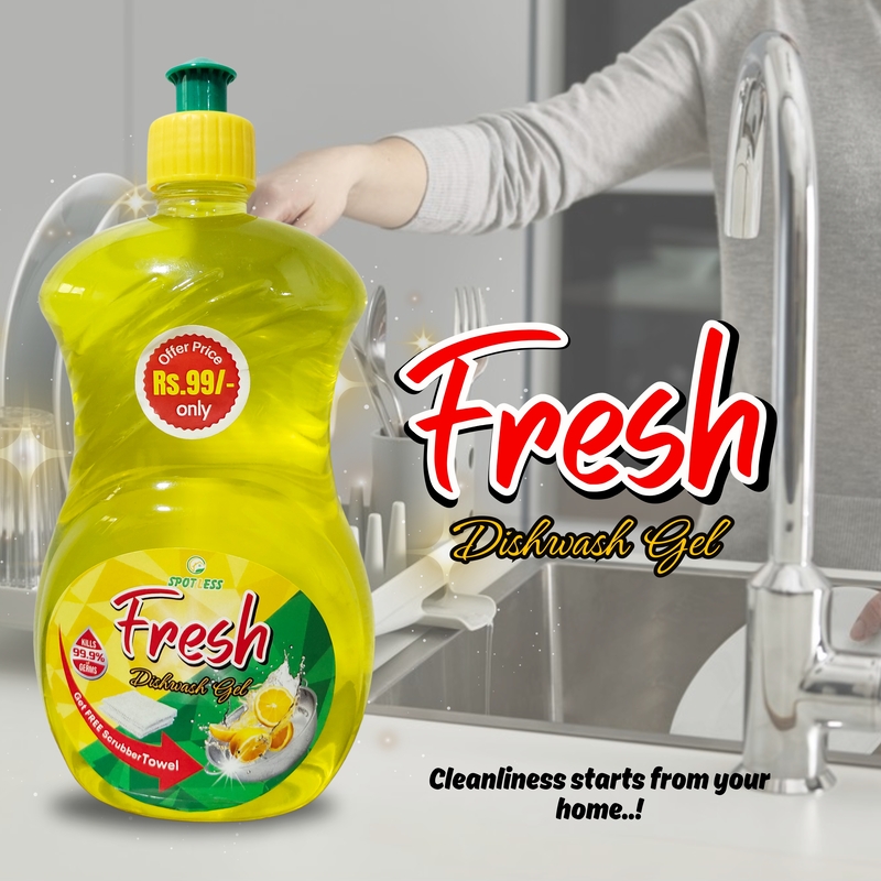 Dishwash Gel 650ml with FREE Scrubber | Tough on grease, gentle on hands, leaves utensils sparkling clean & fresh