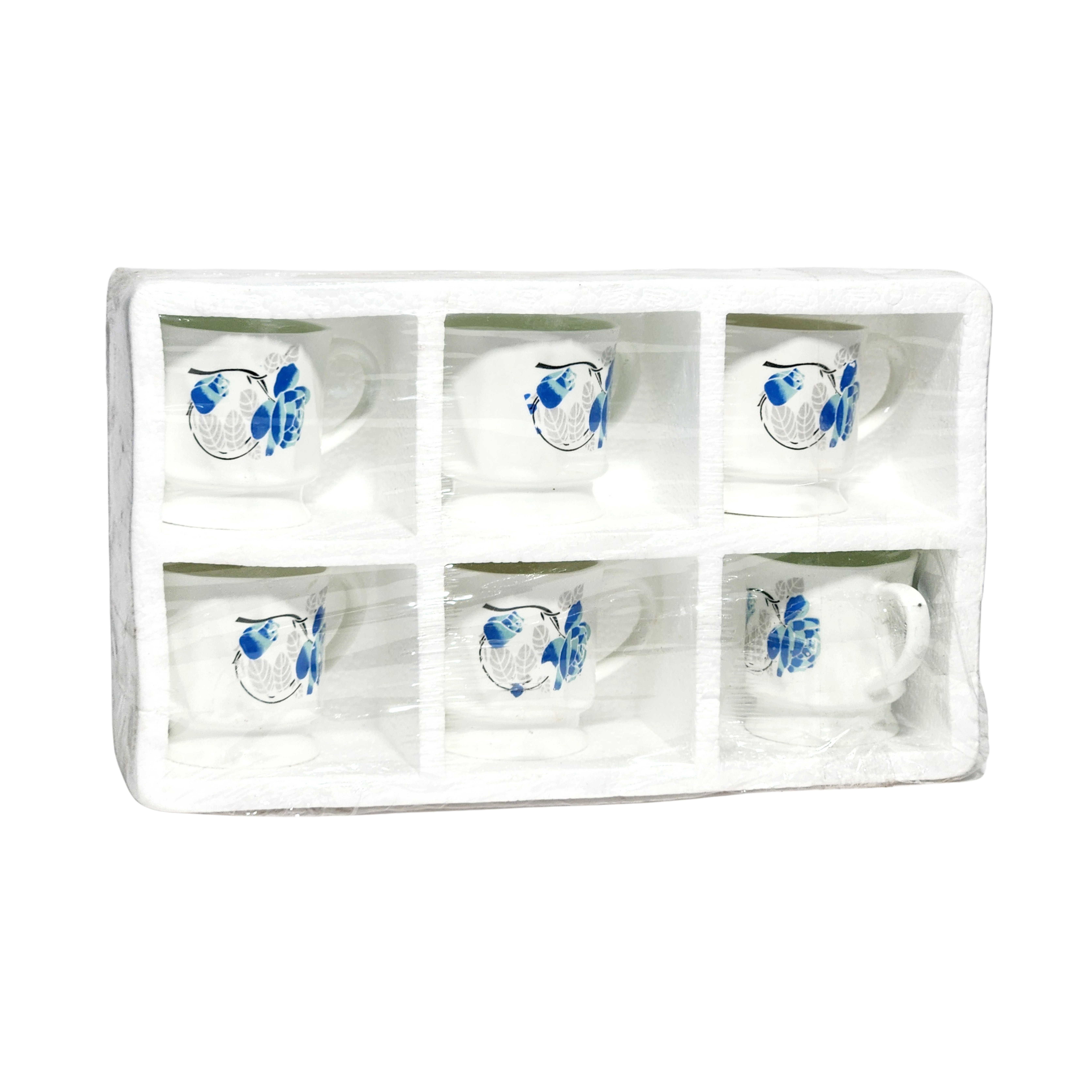 Set of 6 White Ceramic Teacups Coffee Mugs with Blue Floral Design