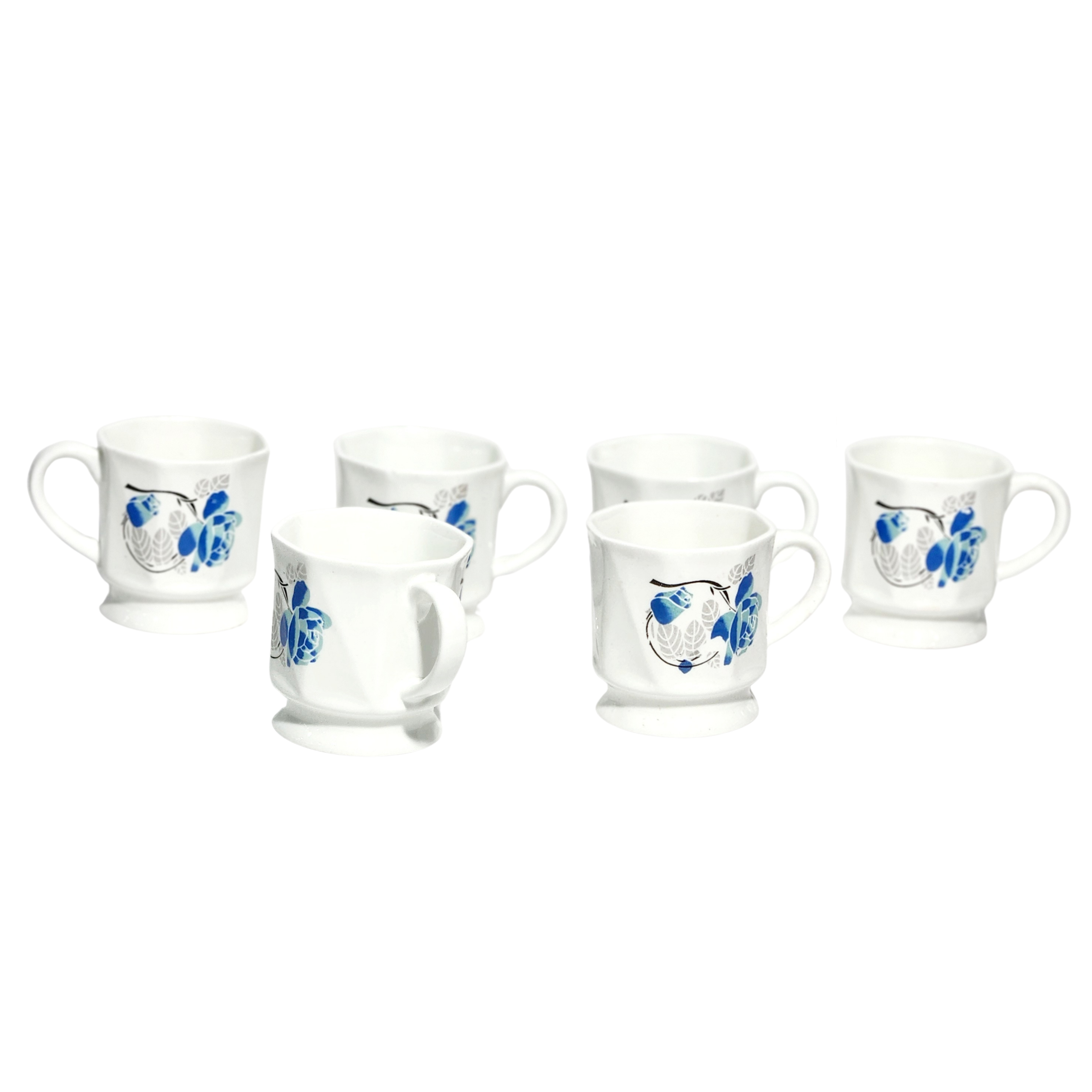 Set of 6 White Ceramic Teacups Coffee Mugs with Blue Floral Design