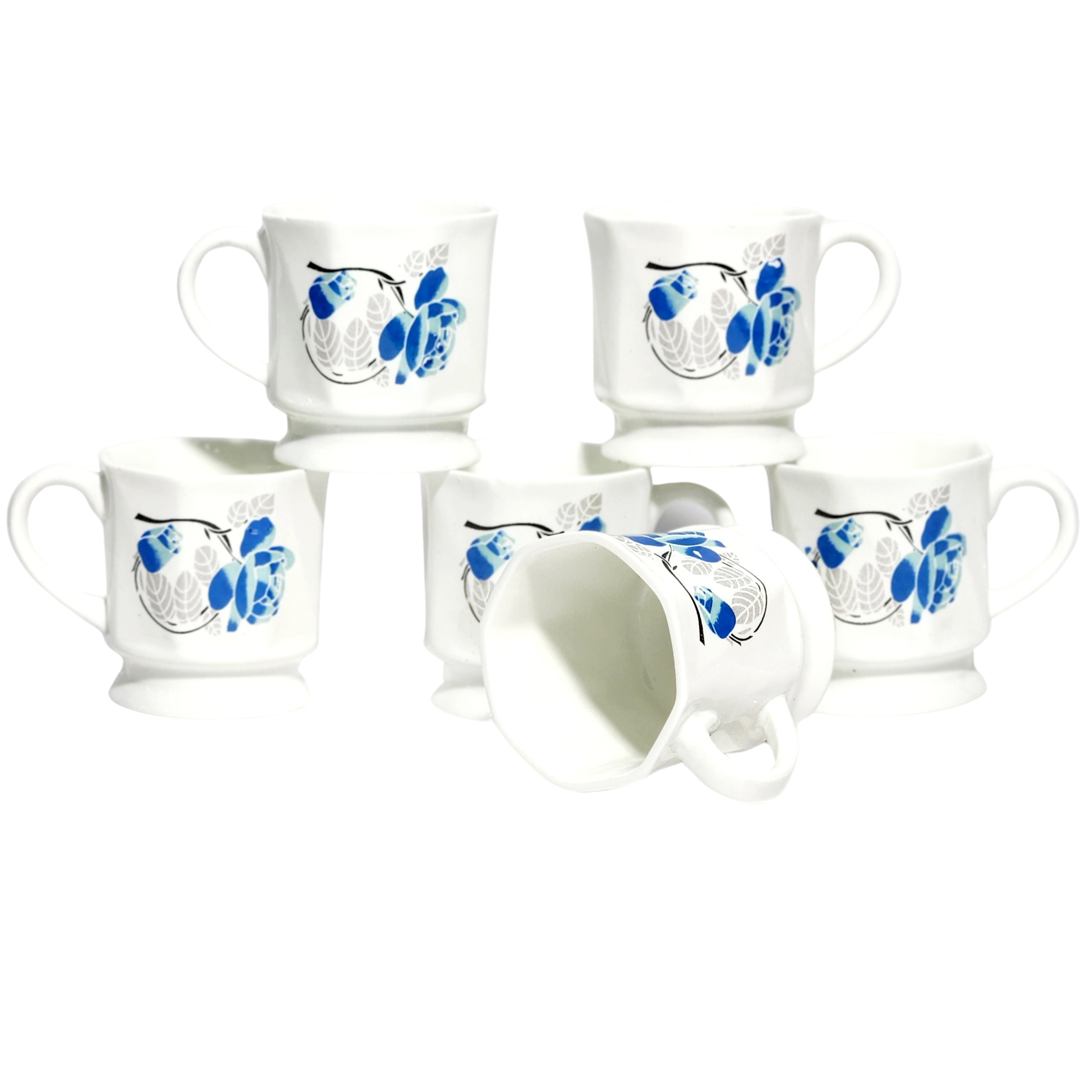 Set of 6 White Ceramic Teacups Coffee Mugs with Blue Floral Design