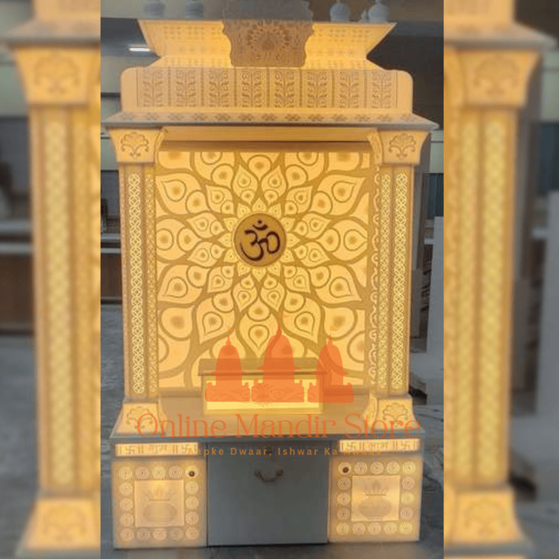 "Lotus of Divinity: OM-Centric Corian Mandir with Radiant Aura"