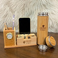 Wooden desk organizer and bamboo water bottle corporate gift set Wooden desk organizer and bamboo water bottle corporate gift set