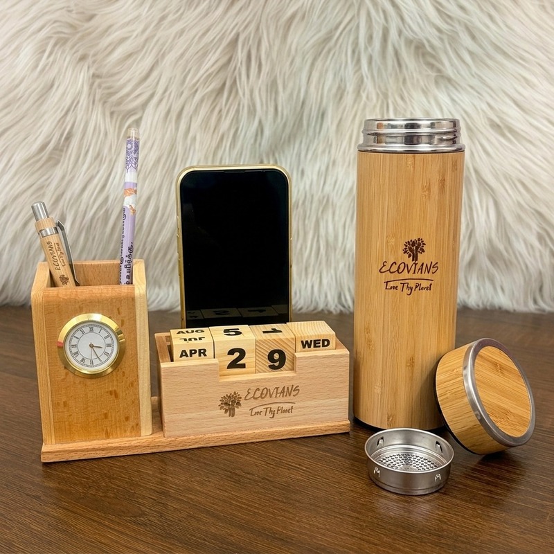 Wooden desk organizer and bamboo water bottle corporate gift set Wooden desk organizer and bamboo water bottle corporate gift set