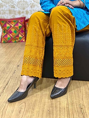 Cotton Chikan Palazzo - Mustard
