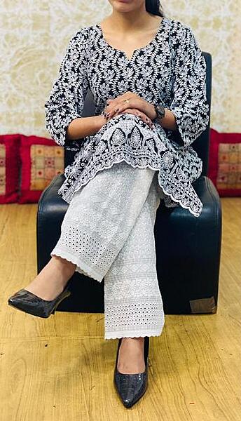 Cotton Lucknowi Chikan Palazzo-Black
