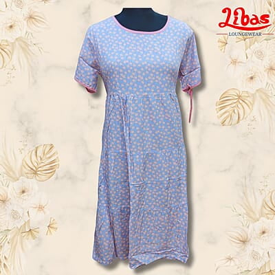 Cloudy Blue Soft Cotton Short Nighty With Floral Print All Over From Libas Loungewear - SHN077