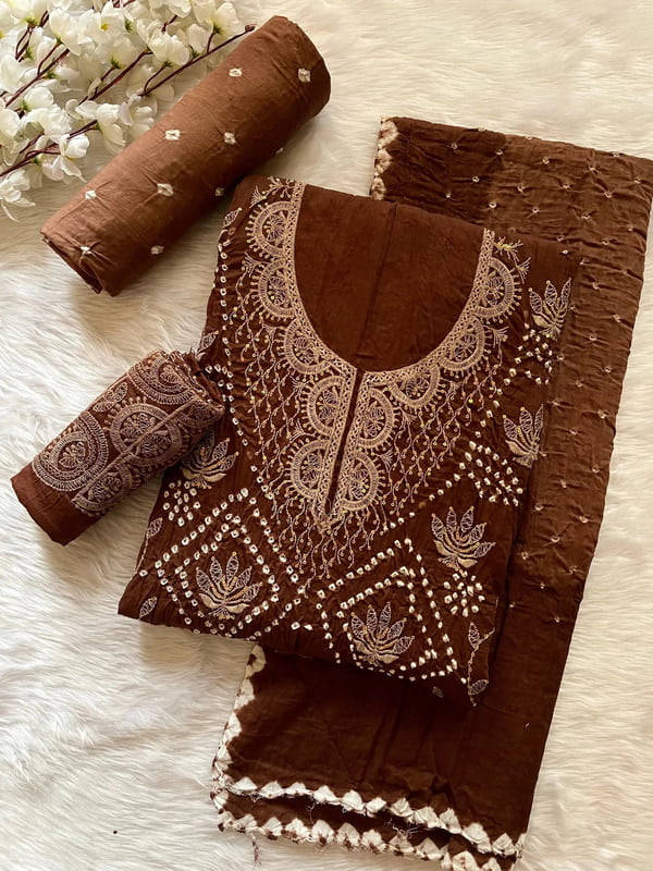 Cotton Hand Barik Thread Work Bandhani Dress Material