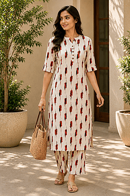 Women's Off-White Abstract Print Kurta Palazzo Co-Ord Set | Stylish Cotton Outfit Women's Off-White Abstract Print Kurta Palazzo Co-Ord Set | Stylish Cotton Outfit