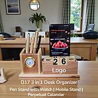 D17 3 in 1 Wooden Desk Organizer with Perpetual Calendar and Watch