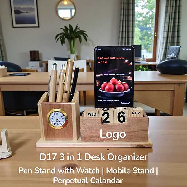 D17 3 in 1 Wooden Desk Organizer with Perpetual Calendar and Watch