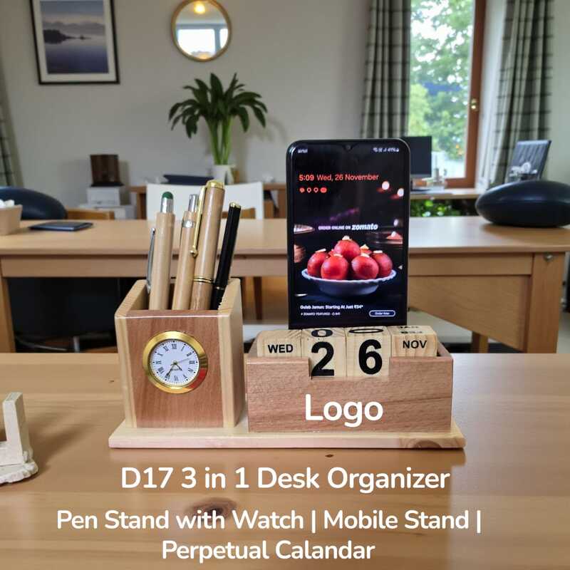 D17 3 in 1 Wooden Desk Organizer with Perpetual Calendar and Watch
