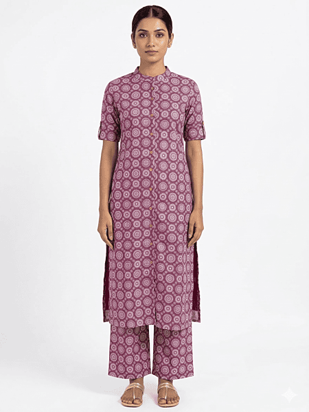 Women’s Maroon Printed Cotton Kurta Set with Pants | Ethnic Daily Wear Co-ord Set