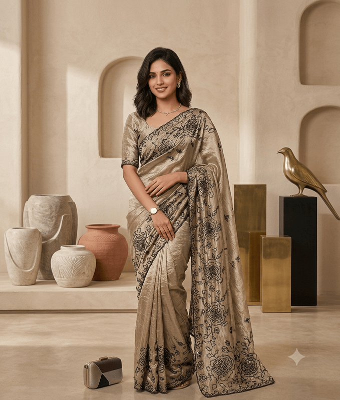 Myra Space Silk Black Embroidered Saree
