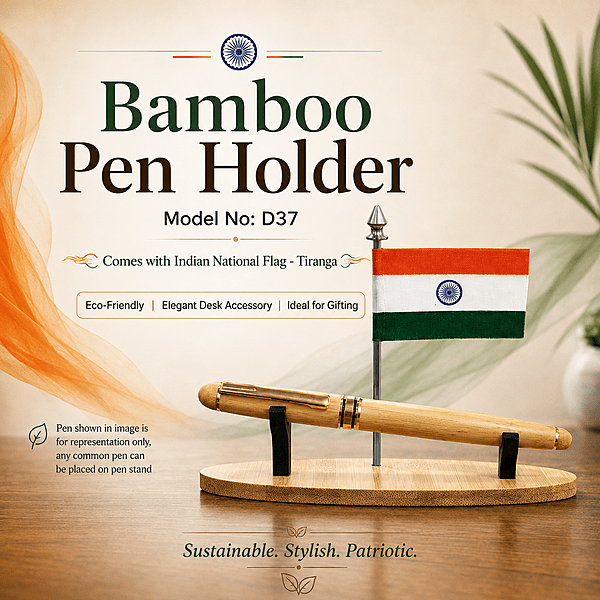 D37 Bamboo Handicraft Pen Holder with Indian National Flag