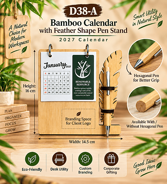 D38-A Bamboo Desk Calendar with Feather Pen Stand