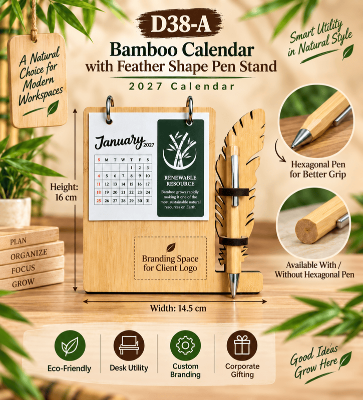 D38-A Bamboo Desk Calendar with Feather Pen Stand