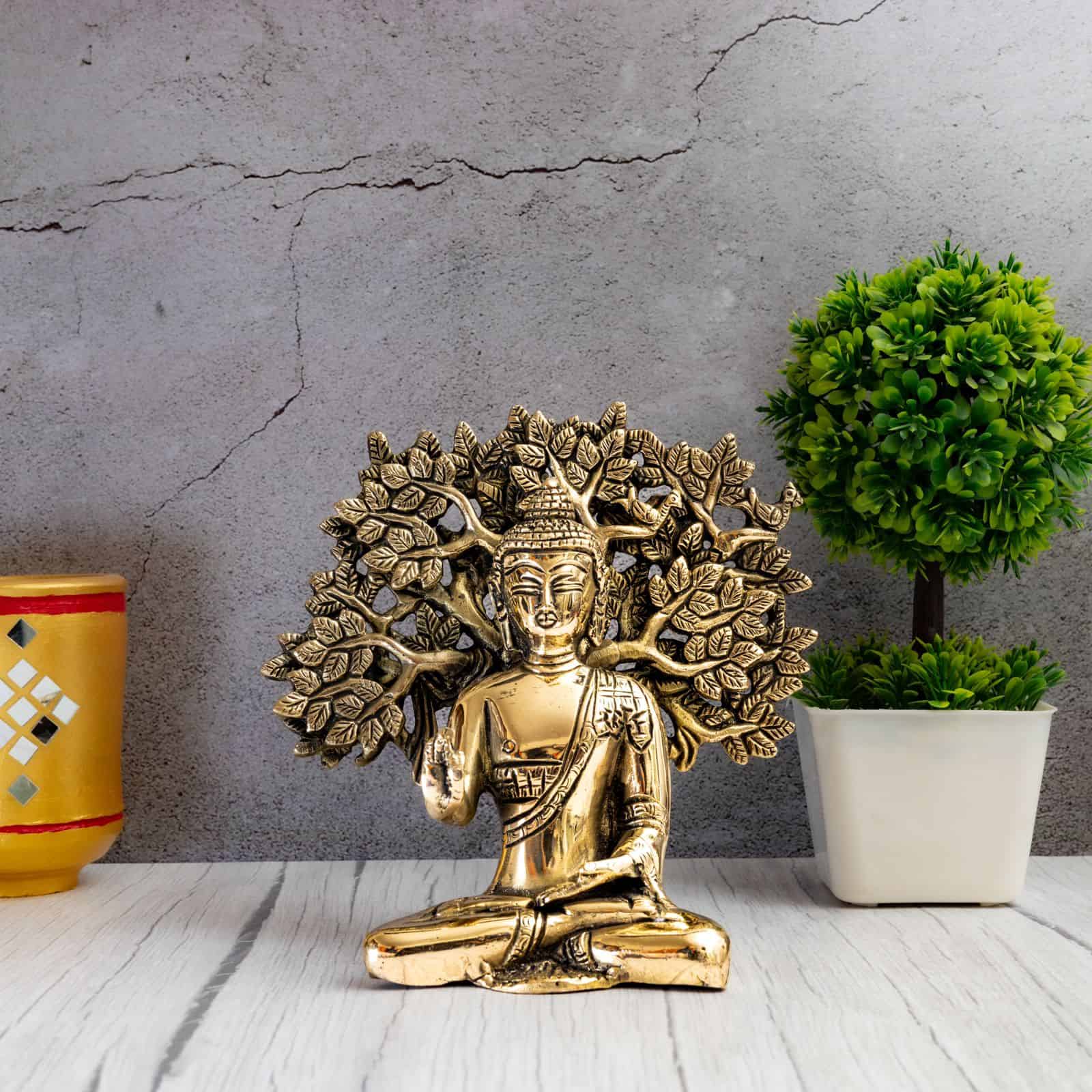 Brass Blessing Buddha under Kalpavriksha Tree - 7 inch Height | Serene Brass Idol of Blessing Buddha under Kalpavriksha Tree for Peace and Tranquility