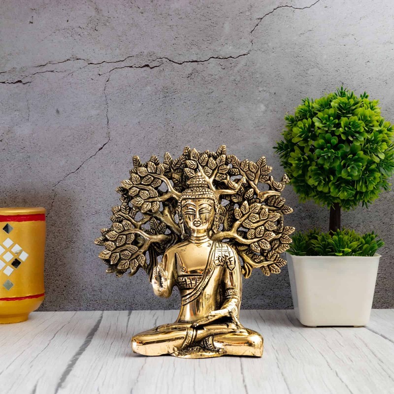Brass Blessing Buddha under Kalpavriksha Tree - 7 inch Height | Serene Brass Idol of Blessing Buddha under Kalpavriksha Tree for Peace and Tranquility