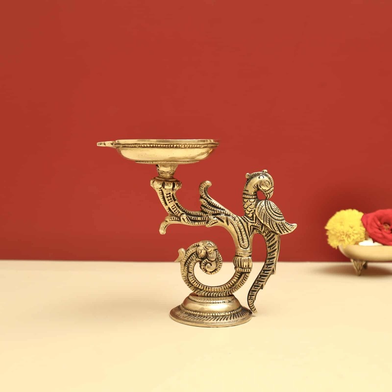 Brass Parrot Diya Lamp - 5.5 inch Height | Charming Brass Parrot Diya Lamp for Festive Lighting and Decor