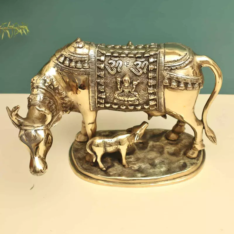 Brass Kamadhenu Cow and Calf - 11 inch Height | Sacred Brass Kamadhenu Cow and Calf Idol for Blessings and Prosperity