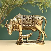 Brass Kamadhenu Cow and Calf - 11 inch Height | Sacred Brass Kamadhenu Cow and Calf Idol for Blessings and Prosperity