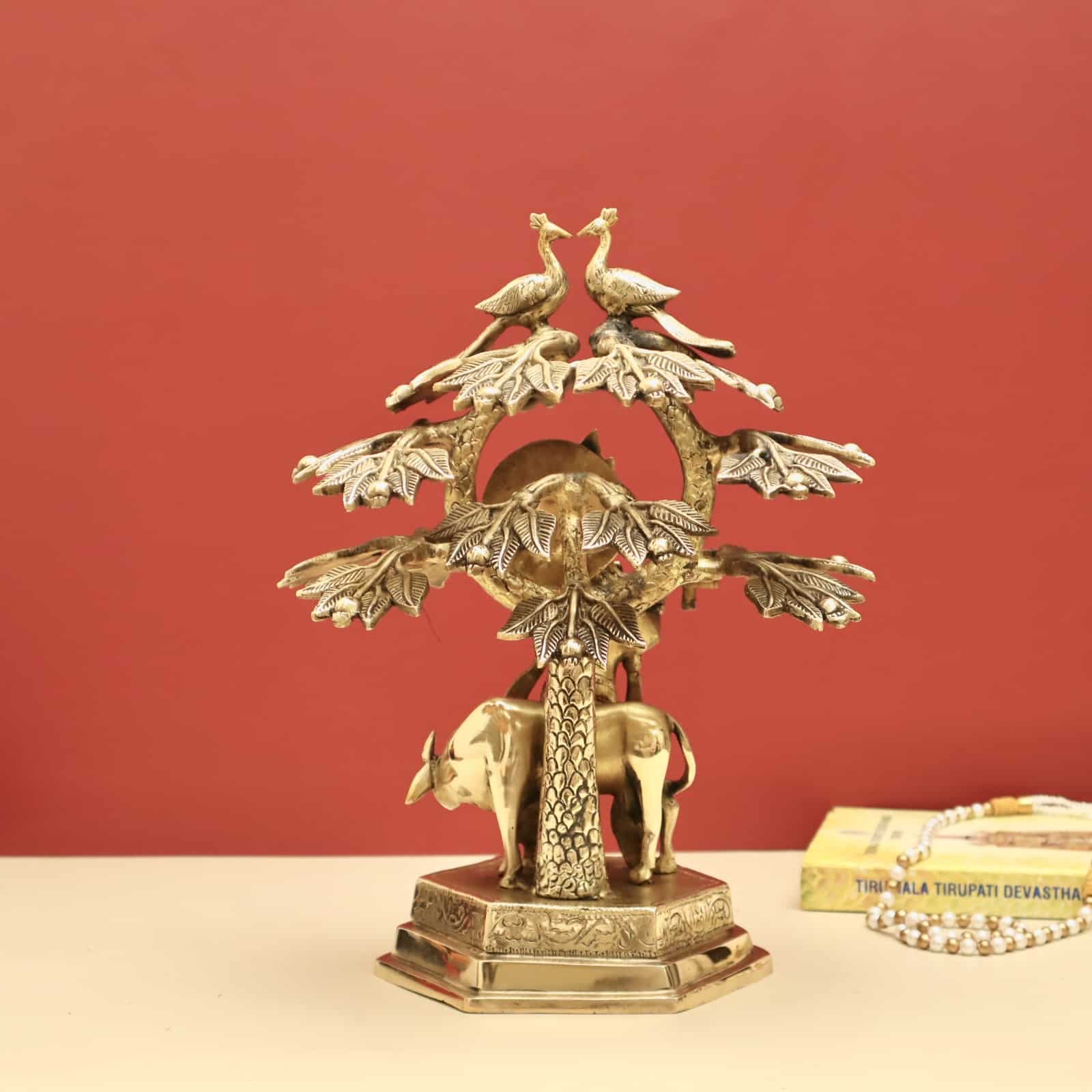 Brass Krishna Playing Flute with Cow under The Tree - 14 inch Height | Enchanting Brass Idol of Krishna Playing Flute with Cow under the Tree
