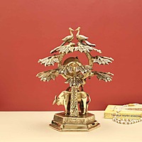 Brass Krishna Playing Flute with Cow under The Tree - 14 inch Height | Enchanting Brass Idol of Krishna Playing Flute with Cow under the Tree