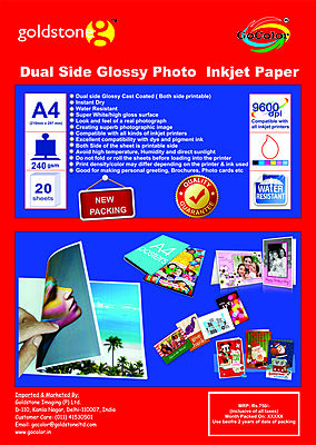 Dual Side GLOSSY 240 GSM " A4 Size " (210 mm X 297mm) x 20 Sheet INKJET PHOTO PAPER