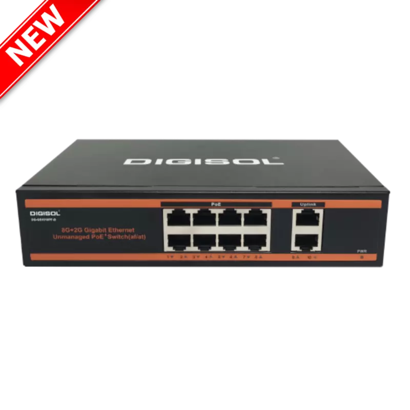 DIGISOL 8 Port PoE Gigabit Unmanaged Switch with 2 Uplink Ports – DG-GS1010PF-B