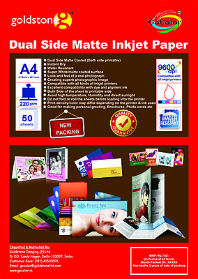 Dual SIDE Matte A4 X 50 SHEET (210mm X 297mm) 220GSM  INKJET PHOTO PAPER BOTH SIDE