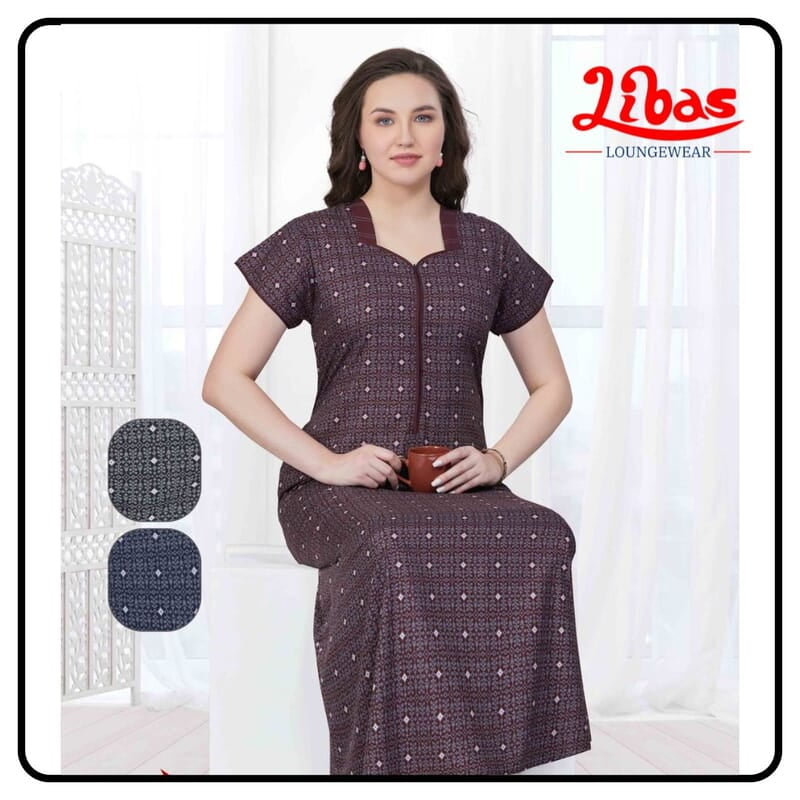 Red Onion Premium Soft Cotton Nighty With Zip Closure & Dotted Design From Libas Loungewear - PS538 Red Onion Premium Soft Cotton Nighty With Zip Closure & Dotted Design From Libas Loungewear - PS538