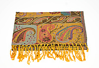 Silk & Pashmina Stole for Women, Paisley Pattern, Purple Multi-colour with Yellow Tassels