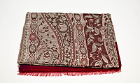 Elegant Paisley Pattern Silk-Pashmina Stole, Burgundy and Grey, Fringed Border