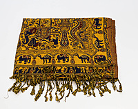 Elegant Wool and Viscose Stole, Traditional Elephant Print, Navy and Gold, Tasselled