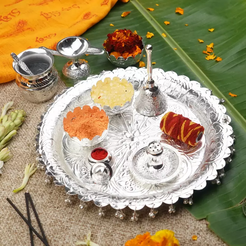 Silver Plated Thali Set 11" | Luxury Edition Pooja Thali Set of 10